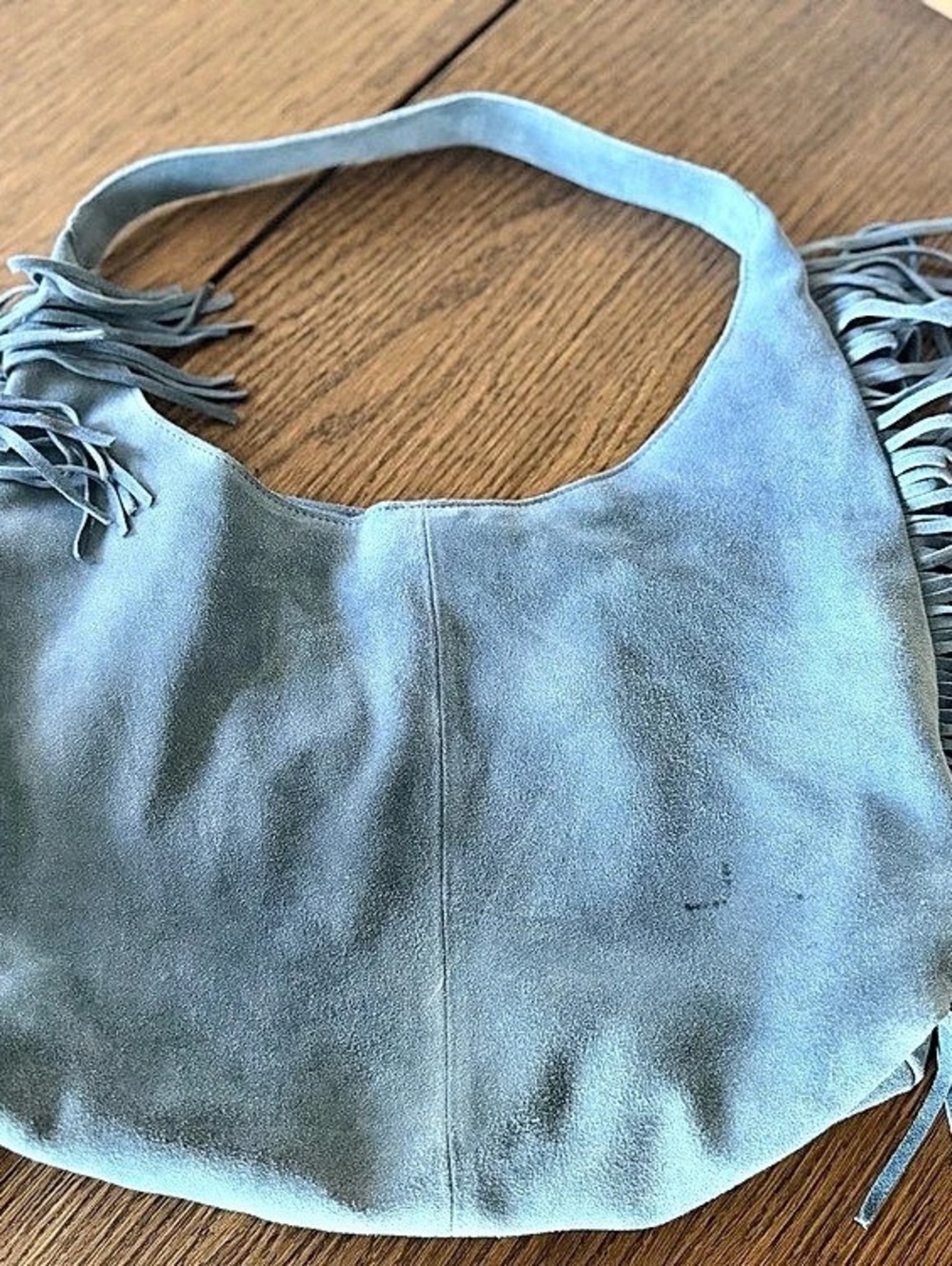 Haute Hippie Blue Fringe Shoulder Bag Boho Logo Accents Magnetic Inner Pockets - Picture 3 of 5